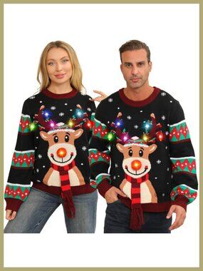 Light Up Ugly Christmas Sweater Pullover Crew Neck Long Sleeve